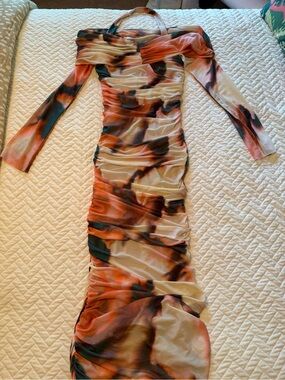 AFRM Off-Shoulder Ruched Midi Dress in Coral, Teal & Cream